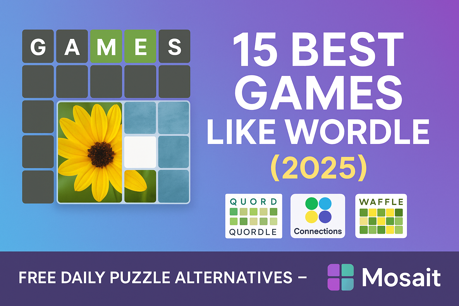 15 Best Games Like Wordle 2025 - custom graphic featuring Wordle-style letter grids spelling GAMES, colorful sunflower puzzle piece representing visual games, and game logos for Quordle, Connections, Waffle, and Mosait branding